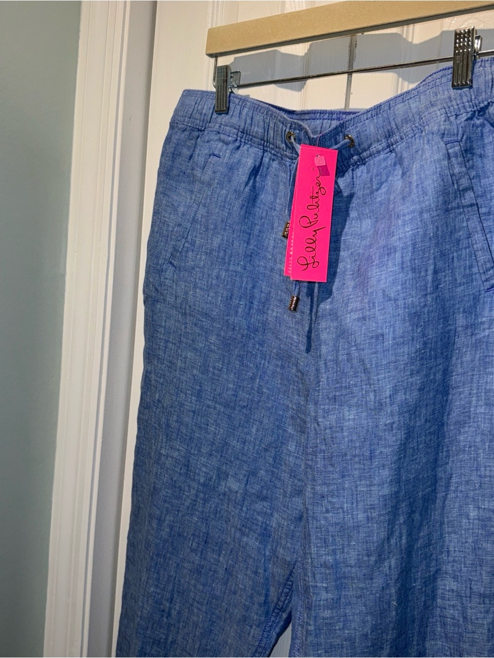 Lilly Pulitzer Blue Linen-Blend Drawstring Pants with Pink Tag